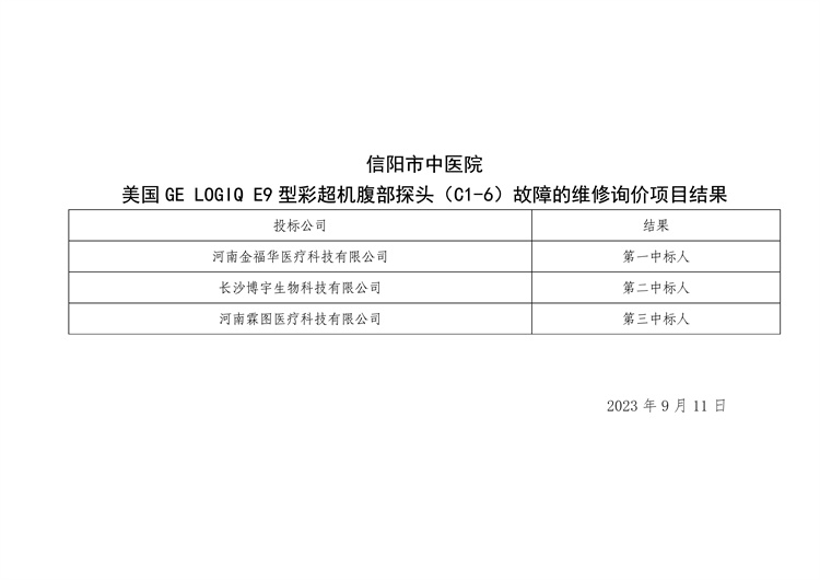 信陽(yáng)市中醫(yī)院美國(guó) GE LOGIQ E9型彩超機(jī)腹部探頭（C1-6）故障的維修詢(xún)價(jià)項(xiàng)目結(jié)果